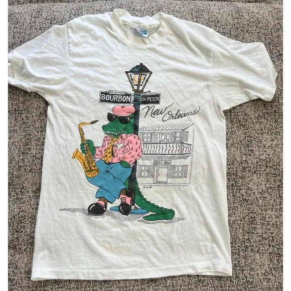 Vintage‎ 80s New Orleans Alligator Saxophone T-Shirt Hanes Fifty-Fifty