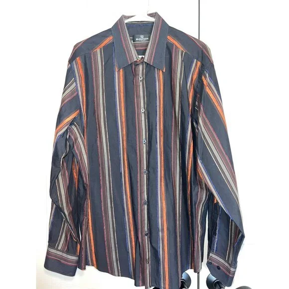 Bugatchi‎ Uomo XL Men's Striped Button-Up Shirt – Black Multi-Color Microfiber