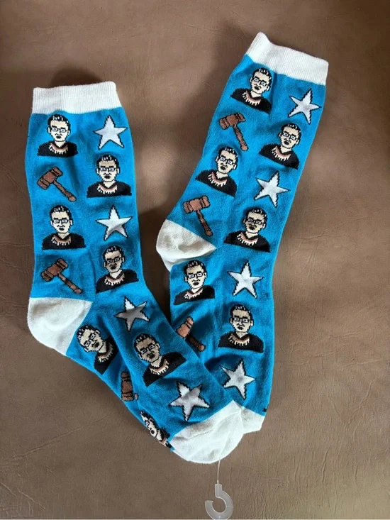Ruth Bader Ginsburg Blue Novelty Crew Socks with Gavel & Star Pattern Adult Size