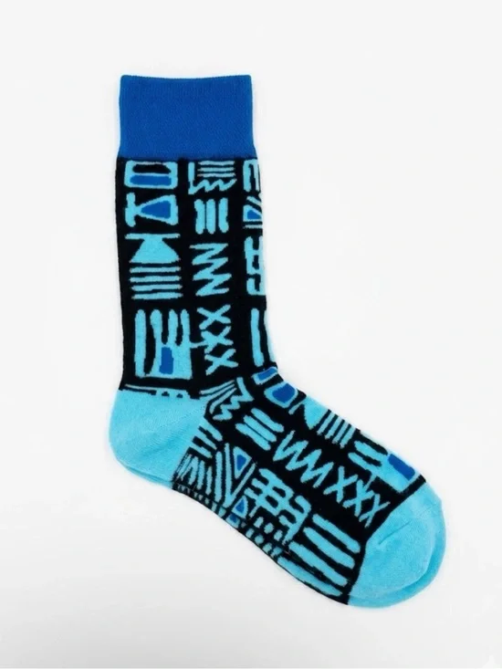 OSFM Afropop Tribal Graphic Crew Socks Blue & Black Geometric Print Unisex