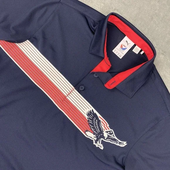 Puma Volition Shirt Mens Small Blue Eagle Short Sleeve‎ Gold Polo USA Patriotic