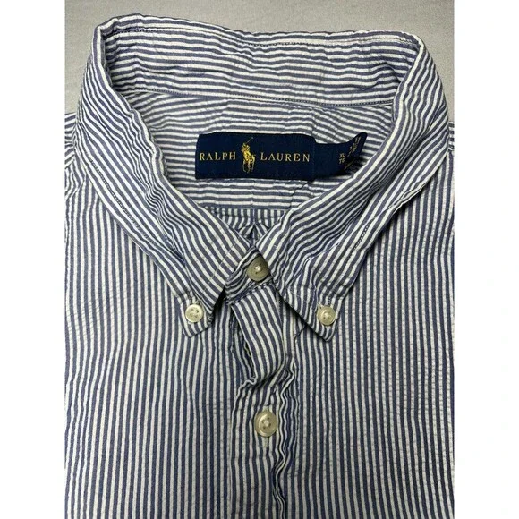 Ralph Lauren Shirt Mens XL‎ Blue White Stripe Seersucker Short Sleeve Pink Pony