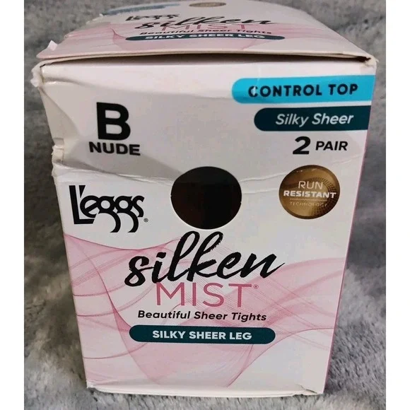 Leggs Silken Mist Tights Sz B Nude Control Top Run Resist Silky Sheer Leg 2 Pair