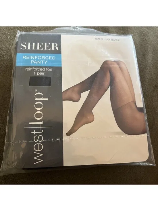 West Loop Sheer Reinforced Panty and Toe Nylon Pantyhose  Size B - Jet Black
