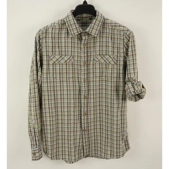 Gramicci Men's Medium Roll Tab Sleeve Yellow Blue Brown Cotton Utility‎ Shirt