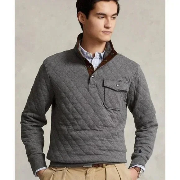 🔥 POLO Ralph Lauren Quilted‎ SYNCHILLA 4 Snap Pullover Sweater - Charcoal Grey