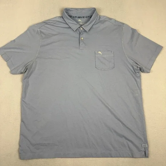 Tommy‎ Bahama Mens XXL Blue Pima Cotton Short Sleeve Pocket Polo Shirt