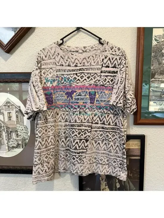 Vintage 90s RARE Colorful Beach AOP Aztec Sports Surfing And Skate Shirt Size XL