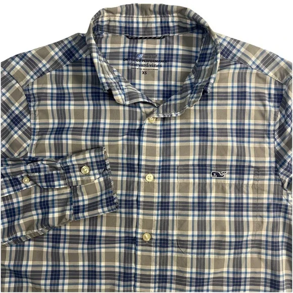 Vineyard Vines Performance OTG  Mens Size XS Long‎ Sleeve Blue Plaid Shirt Logo