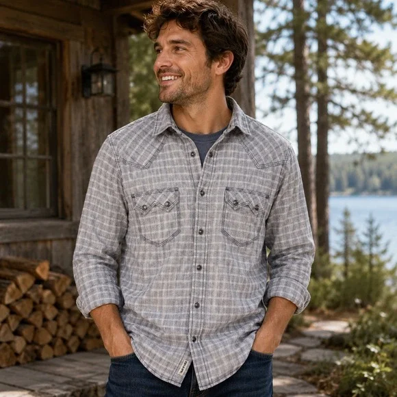 Moonshine Spirit Brad Paisley Mens Grey Blue‎ Plaid Pearl Snap Western Shirt M