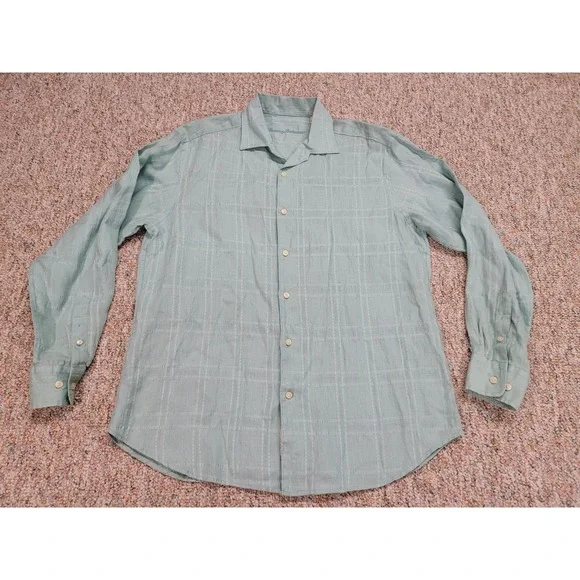Tommy Bahama Shirt Mens Large Blue Linen Button Up Hawaiian Aloha Camp‎ Tropical