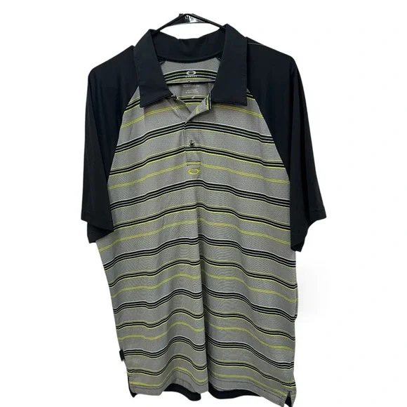 Oakley‎ Polo Shirt Mens XL Gray Yellow White Striped Short Sleeve Golf