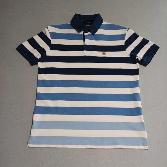 Fahrenheit Rugby Mens Blue White Striped Short Sleeve Polo Shirt Size M‎ Crest