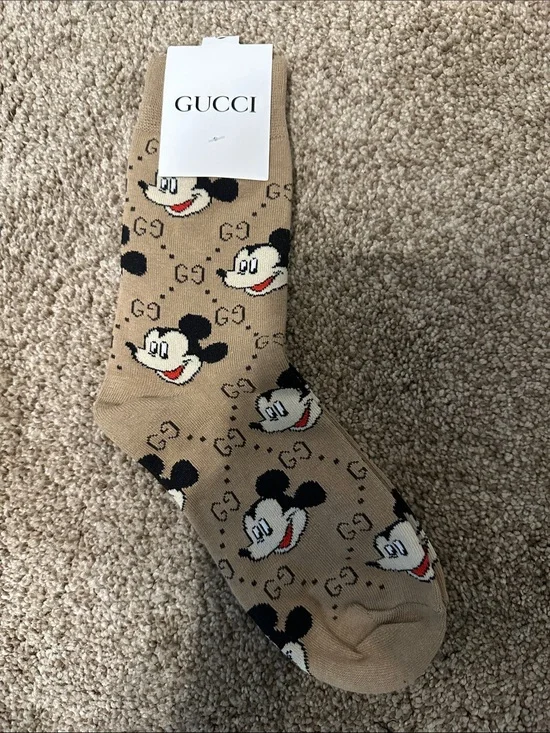 Fashion Beige Crew Socks with Mickey Character Motif