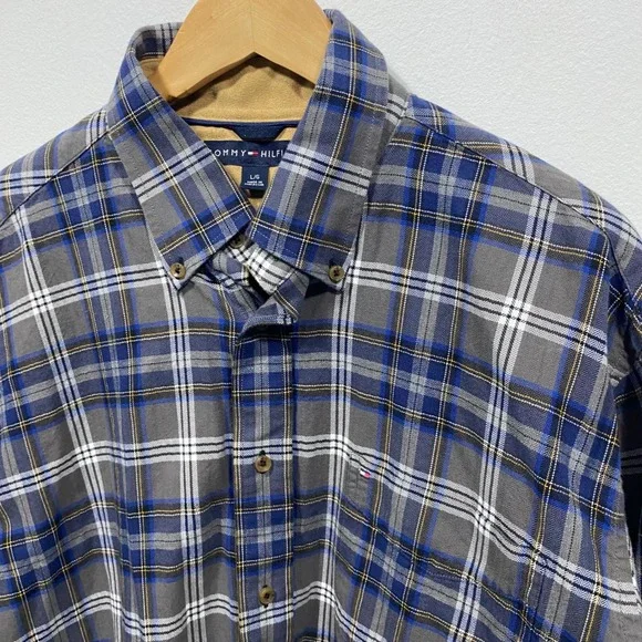 Tommy Hilfiger Blue Gray Plaid Button‎ Up Long Sleeve Casual Shirt Mens Large