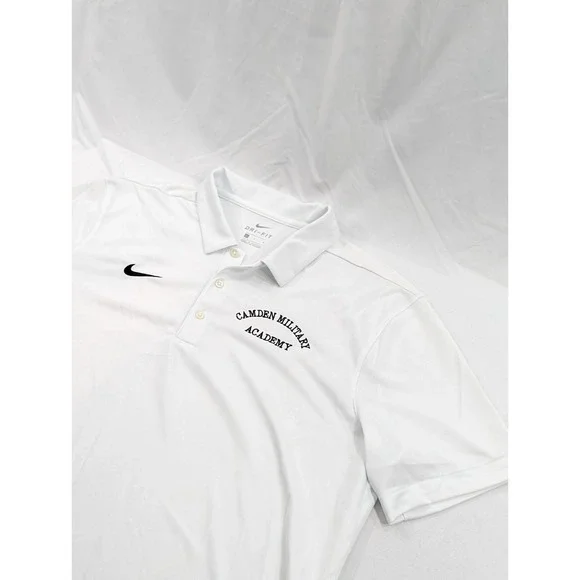 Nike Polo Shirt Mens Large Camden Military Academy‎ White Polo Black Embroidered