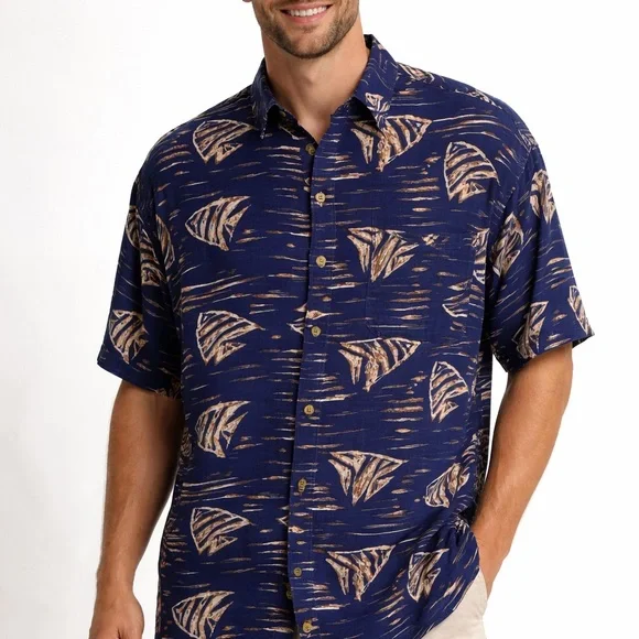 Vintage‎ Pineapple Moon Hawaiin Shirt XL Blue Fish Print Rayon Made In Pakistan