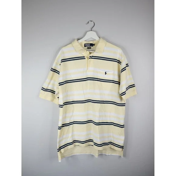 Polo Ralph Lauren Polo Shirt Mens XL Yellow Navy pony Stripe Pocket Short Sleeve