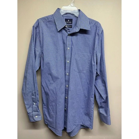 Stafford Men's Blue Gingham Performance‎ Dress Shirt Regular Fit Size 16 34-35