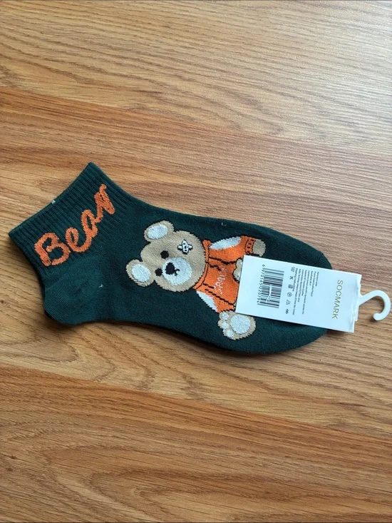 mark. Dark Green Socks with Orange Bear Accent