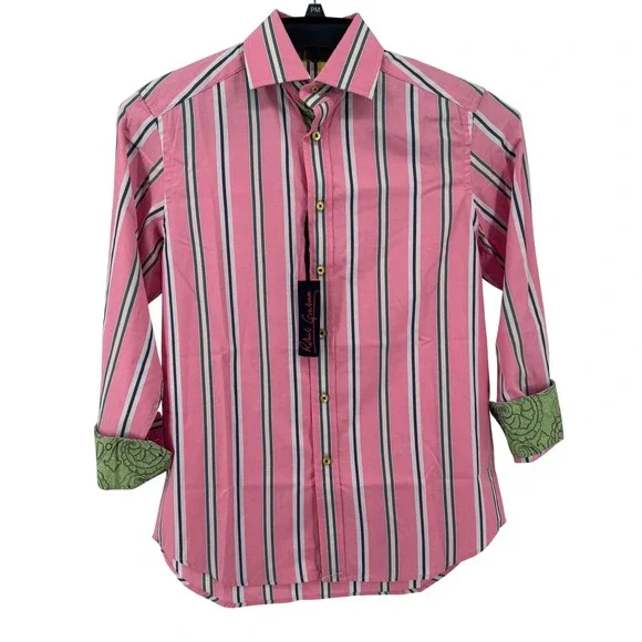New Robert Graham Shirt Flip Cuff Mens S Pink Striped Paisley Long Sleeve Luxury