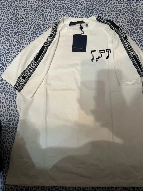 Louis Vuitton White Short-Sleeve Tee with Black Logo Tape