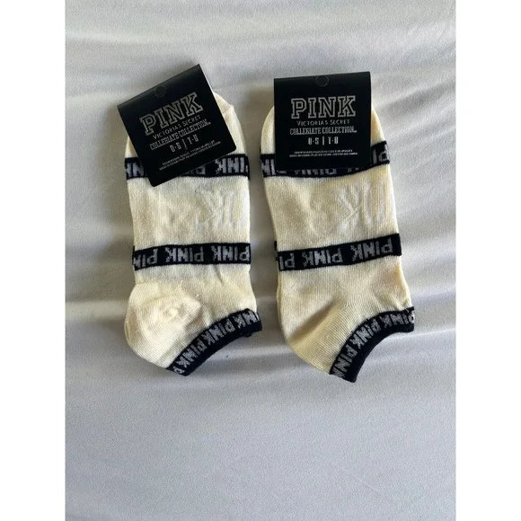 PINK Victorias Secret Collegiate Collection Ankle Socks‎ Cream Black 2 Pairs OS