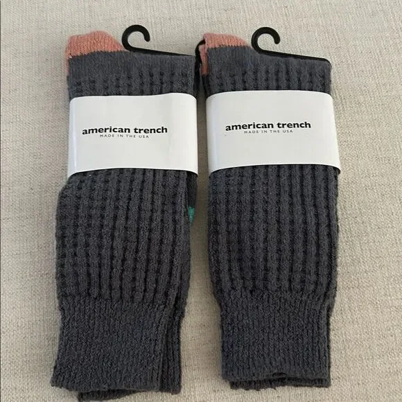 AMERICAN TRENCH BUNDLE OF TWO PAIR of Grey Waffle Crew Socks, size 6-10, NWT