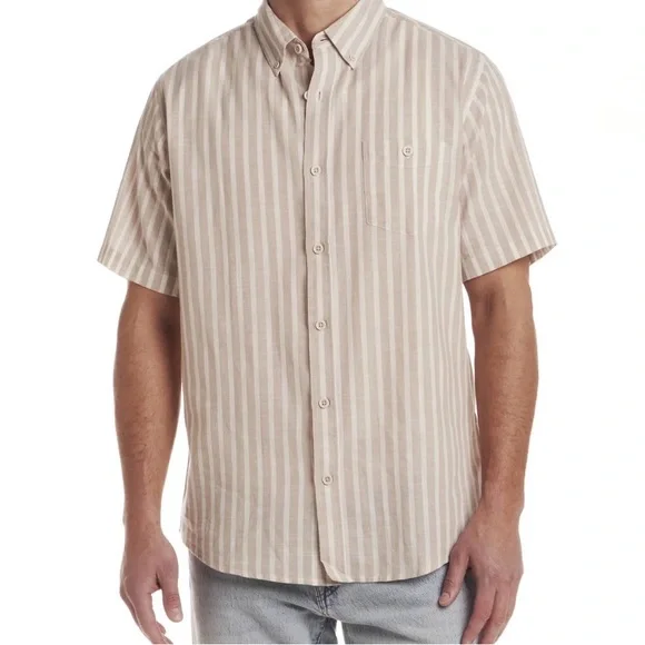 NWT Frontier‎ Threads XL Beige Stripe Short Sleeve Button Down Shirt Mens