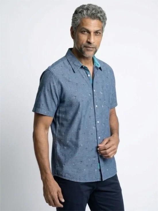 1888 Saddlebred - Blue Palm Tree - Tailored Fit‎ Short Sleeve Casual Shirt - XXL