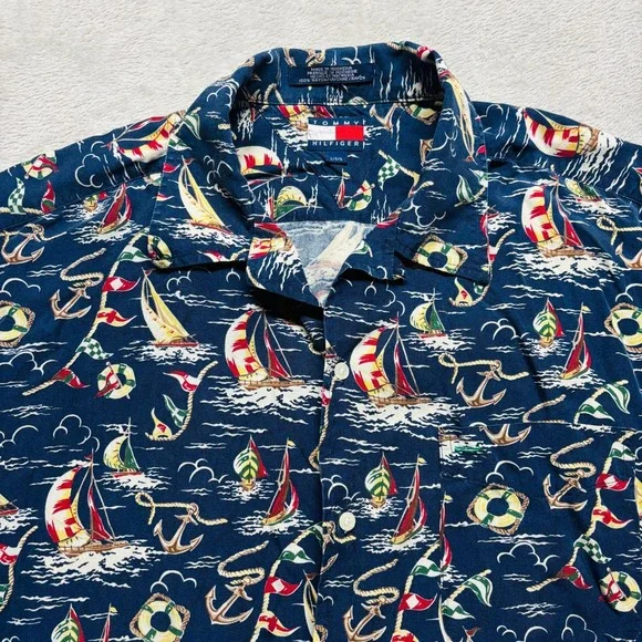 VTG Tommy Hilfiger Camp‎ Shirt 100% Rayon Loop Collar Sailing Nautical Mens L