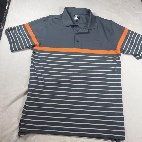 FootJoy Polo Shirt Mens Large Gray Orange‎ Striped Golf Athletic Fit Performance