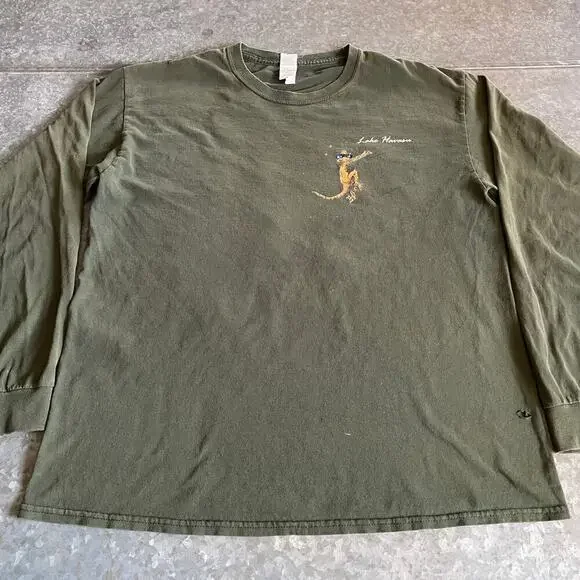 Lake Havasu Gecko Lizard Long Sleeve Shirt Mens Large Vintage Y2K Green Grunge