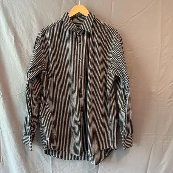 Alfani Men's Button Down Shirt Size XL‎ Striped Long Sleeve 100% Cotton Black