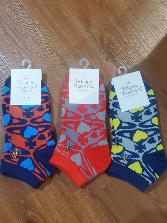 Vivienne Westwood Women’s No-Show Socks — Red, Blue & Yellow Patterned Trio