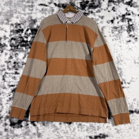 Johnston & Murphy Shirt‎ Mens Size Large Brown Tan Striped Rugby Style Preppy