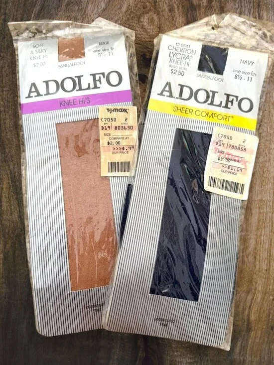 Vintage Adolfo Knee High Hosiery Lot 2 NOS Beige Navy Sandalfoot USA Lycra
