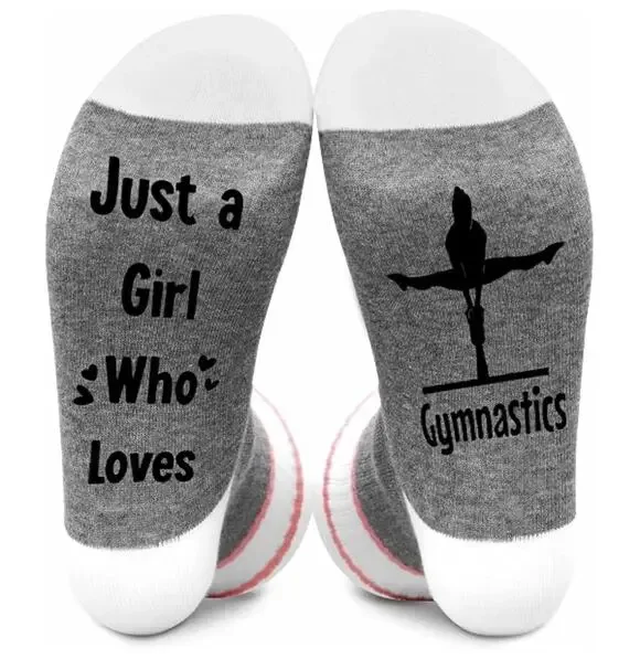 Just a Girl Who Loves Gymnastics Crew Socks Size 5-11 Pink Gray
