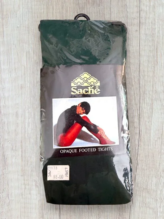 Vintage Saché Opaque Footed Tights Dark Green One Size NOS Cotton Crotch 90-150
