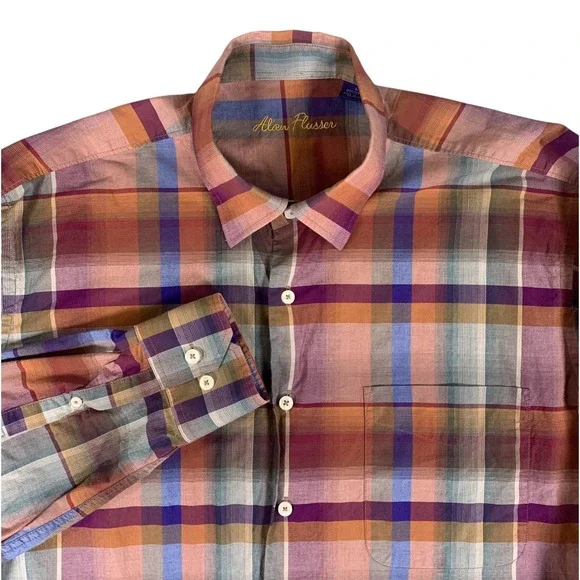 Alan Flusser Button Down Shirt Mens Large Multi Plaid Long Sleeve Cotton
