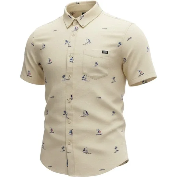 Vans Mens Small Classic Fit Sailboat Palm Tree Short Sleeve Button Down Shirt