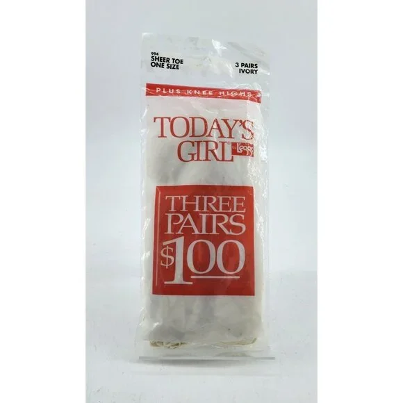 Vtg 90s‎ NEW 3 Pairs Today's Girl by L'eggs Sheer Toe Knee Highs Ivory Plus O/S