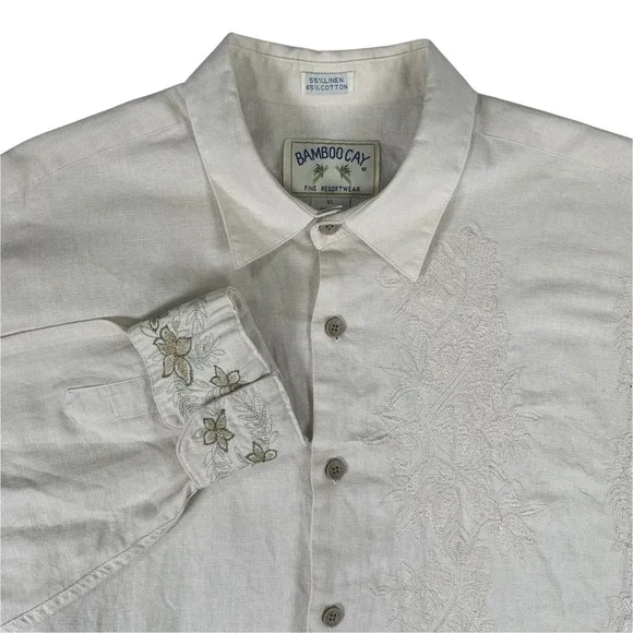 Bamboo Cay Button Down Shirt Mens XL Cream Linen Cotton Floral Embroidered