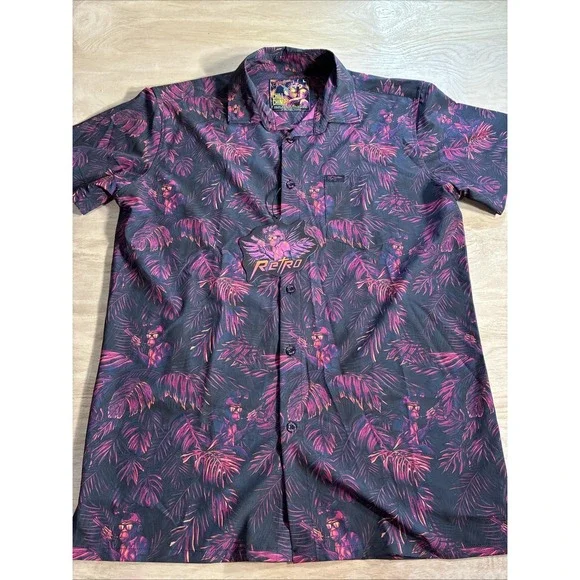 Retro Rifle Chill Chimp Button Up Shirt‎ Mens Large Black Purple Tropical Monkey