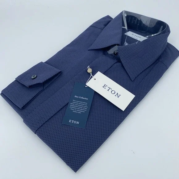 Eton Dress‎ Shirt Mens XL 17 1/2 - 44 Poplin Navy Patterned Contemporary Fit