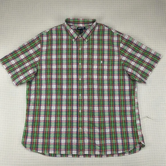 Lands End Men XXL Traditional Fit Short Sleeve Button Down Plaid Shirt Green Red