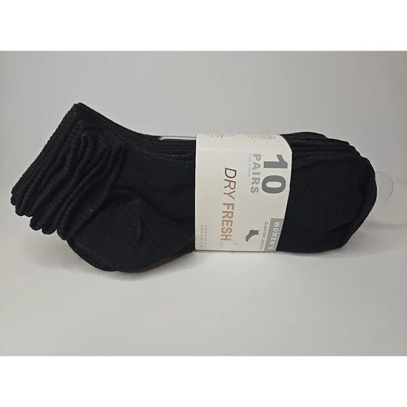 Dry Fresh Socks Women's Quarter Length Shoe Size 4-10 Black 10 Pairs New