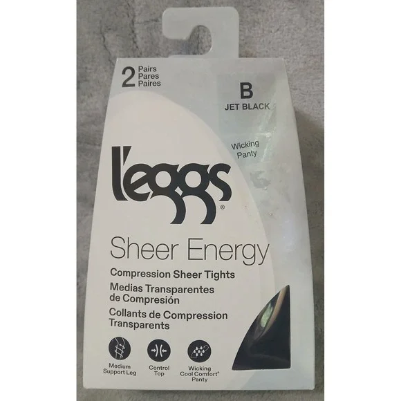 Leggs‎ Sheer Energy Compression Tights 2 Pairs Jet Black Sz B Control Top LSE120