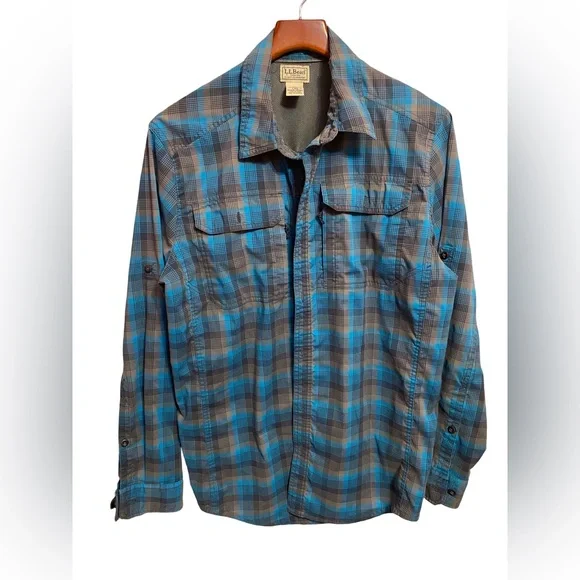 LL Bean Blue & Brown Plaid Outdoor Hiking Fishing Long Sleeve Shirt Size‎ Large