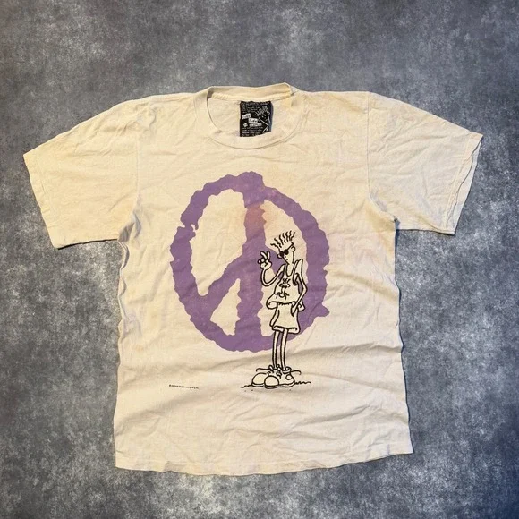 Vintage 1985 Fido Dido Peace of Mind T-Shirt Changes Tag Mens Large Cream Purple